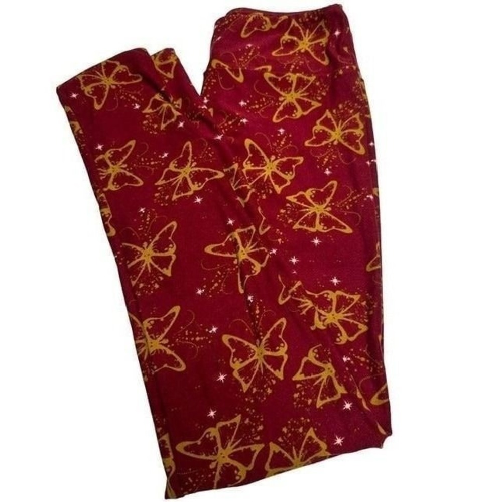 LuLaRoe Burgundy Gold Butterfly Star Print Leggings One Size OS Womens Burgundy